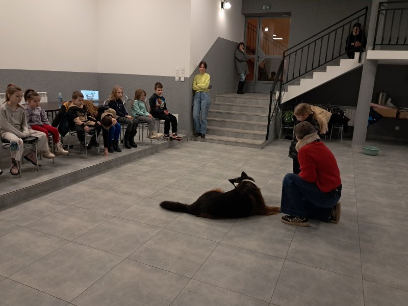 Zdjęcie przedstawia psa w towarzystwie opiekuna i uczestniczki zajęć w sali, w której odbywały się zajęcia. Na dalszym planie widać dzieci siedzące na krzesłach  