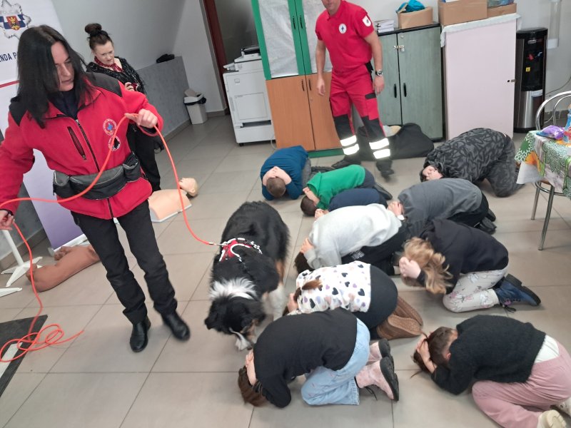 Zdjęcie przedstawia dzieci leżące na podłodze w pozycji żółwia w trakcie scenki sytuacyjnej z wykorzystaniem przez ratownika psa – ratownika.  